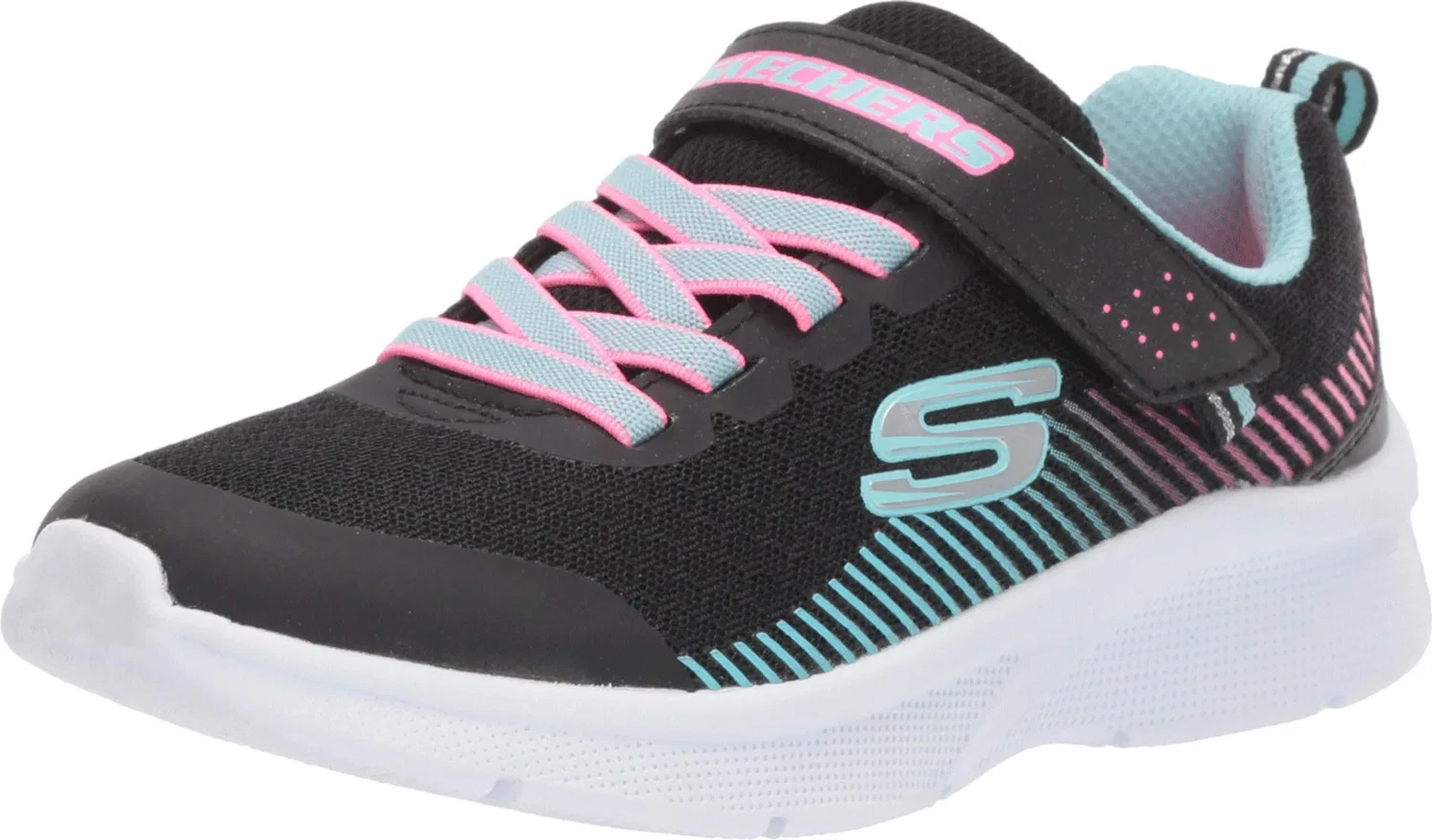 Детские кроссовки для девочек с сетчатым верхом Skechers, Black Mesh Aqua Neon Pink Trim