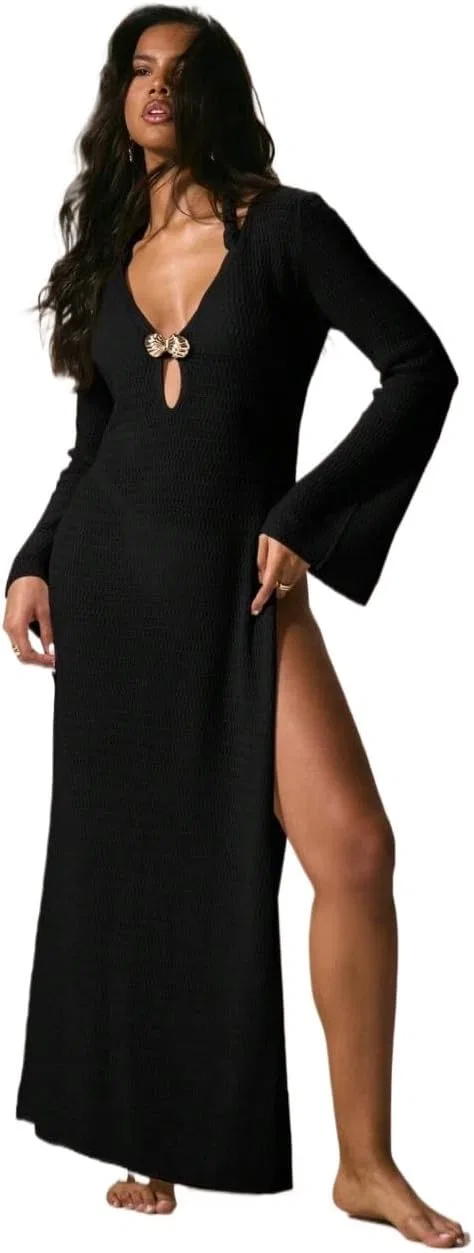 Женская пляжная туника с длинным рукавом, Black