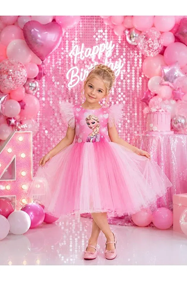 Детское платье для девочек с принтом Elsa Hmz Gold, Pink — фото 4