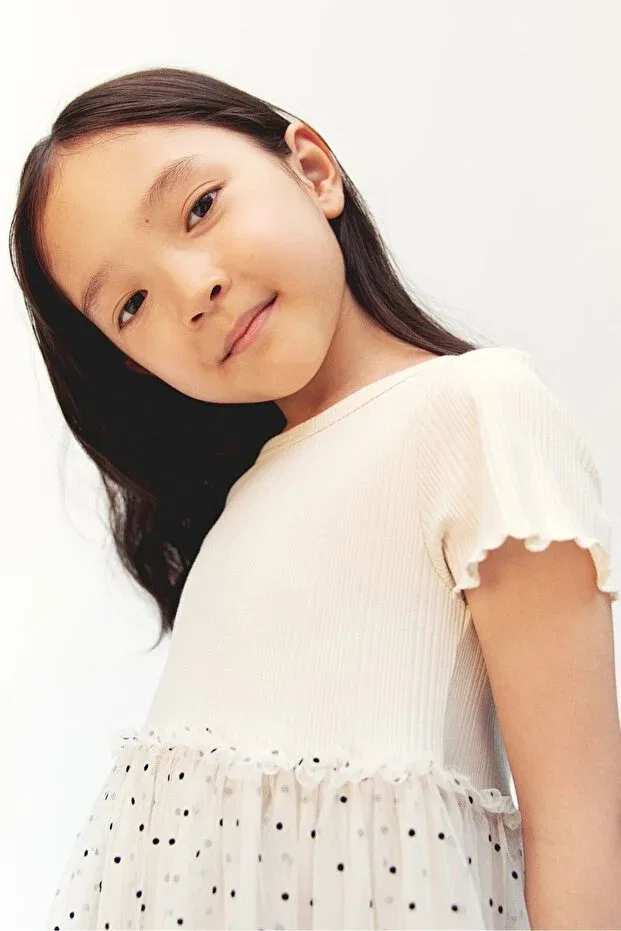 Детское платье для девочек с коротким рукавом Ribbed Cotton Tulle Skirt Detailed Lined Girl's Summer Dress Pink Hippo Kids, Nude Color — фото 4
