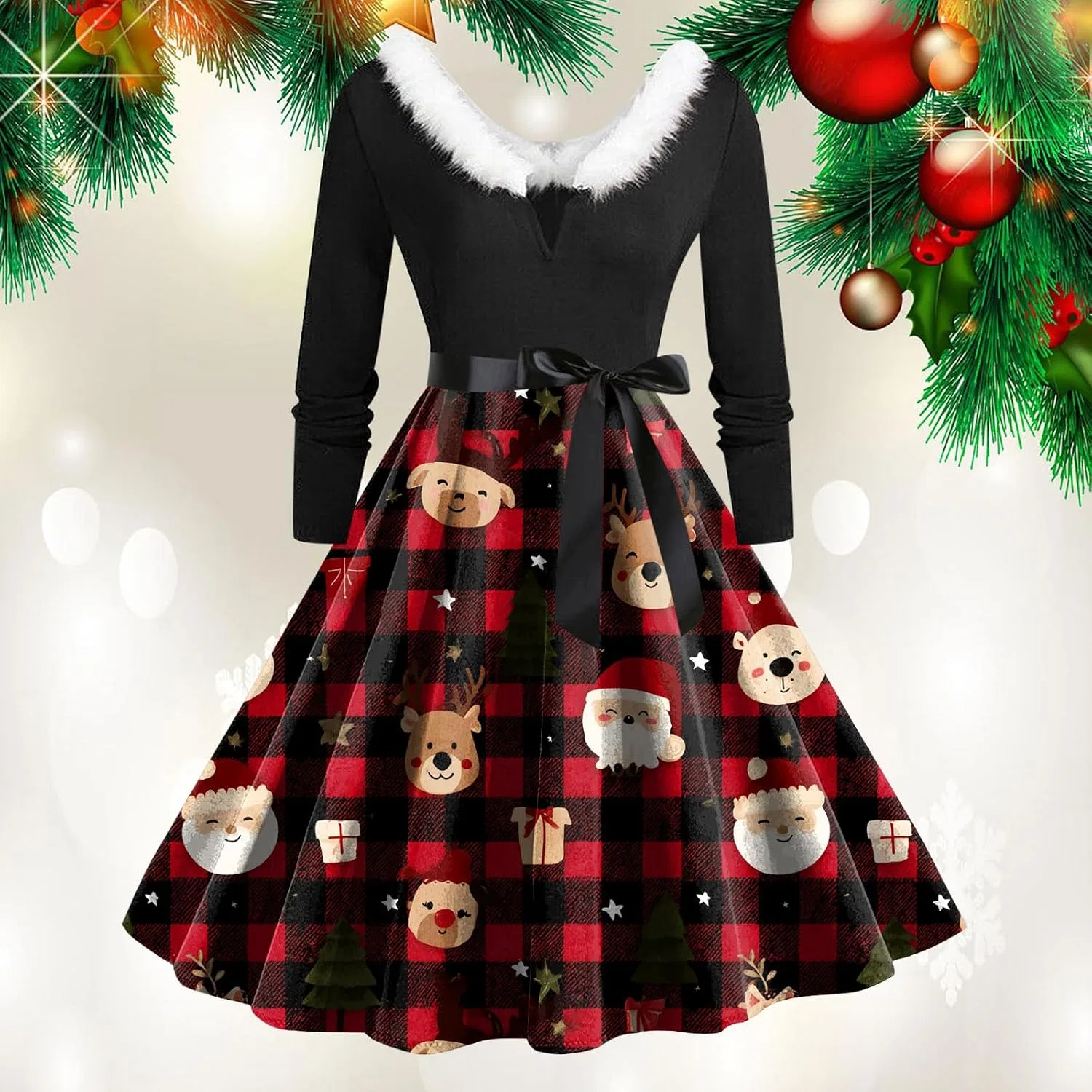 Женское платье-трапеция с принтом, V-образным вырезом и длинным рукавом, винный — фото 2
