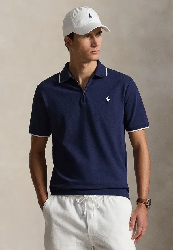 Футболка поло из хлопка с эластаном Classic fit stretch mesh zip polo shirt Polo Ralph Lauren, Newport темно-синий