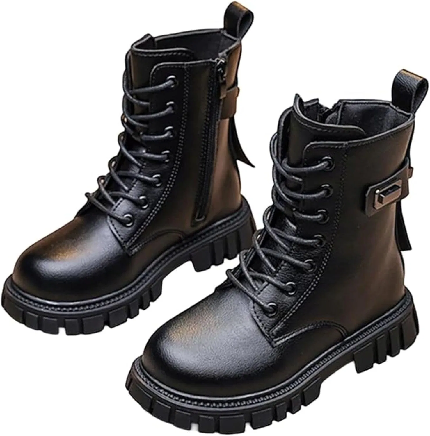 Детские ботинки для девочек с принтом, модель Girls Lace Up Ankle Boots Leather Combat Riding Boots Side Zipper Punk Goth Lug Sole Non Slip Cowgirl Booties 4-12 Years, Black