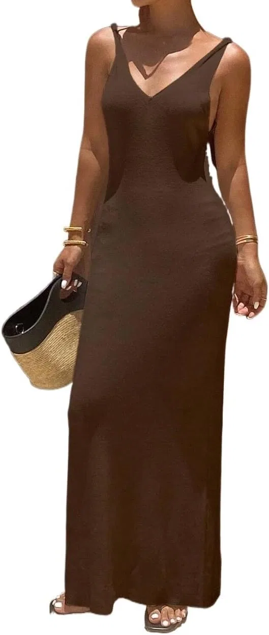 Женское вязаное платье-свитер V-образным вырезом slim fit, Coffee Brown