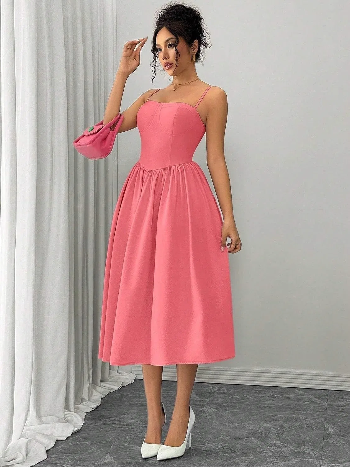 Женское платье миди с завышенной талией на бретелях, Watermelon Pink — фото 3