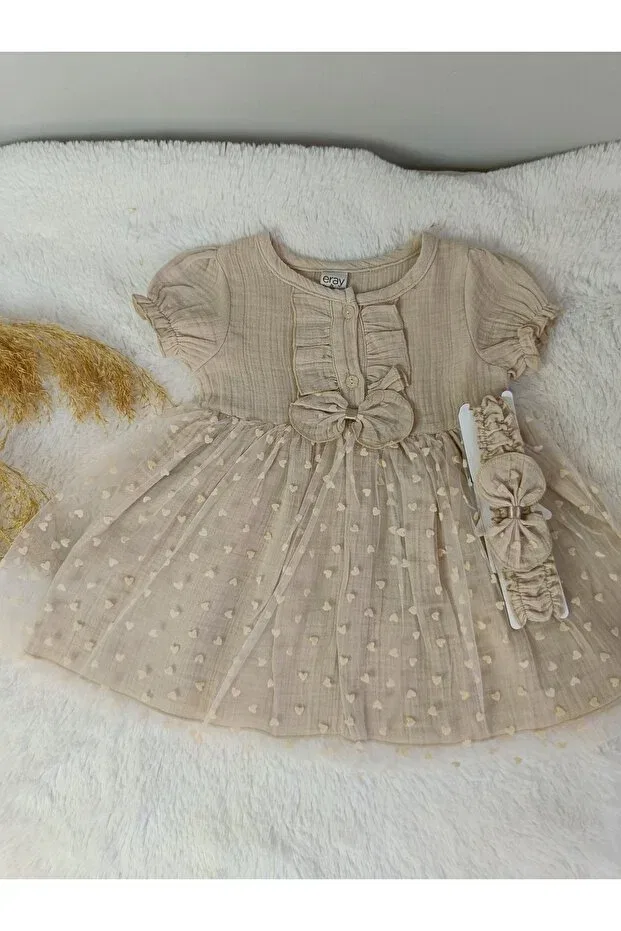 Детское платье для девочек с принтом Tulle Skirt Heart Patterned Camel Muslin Dress Eray, Brown — фото 2