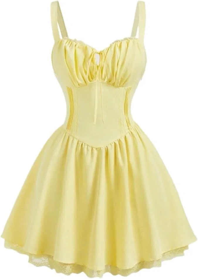 Женское расклешенное платье-комбинация с кружевной отделкой, Yellow