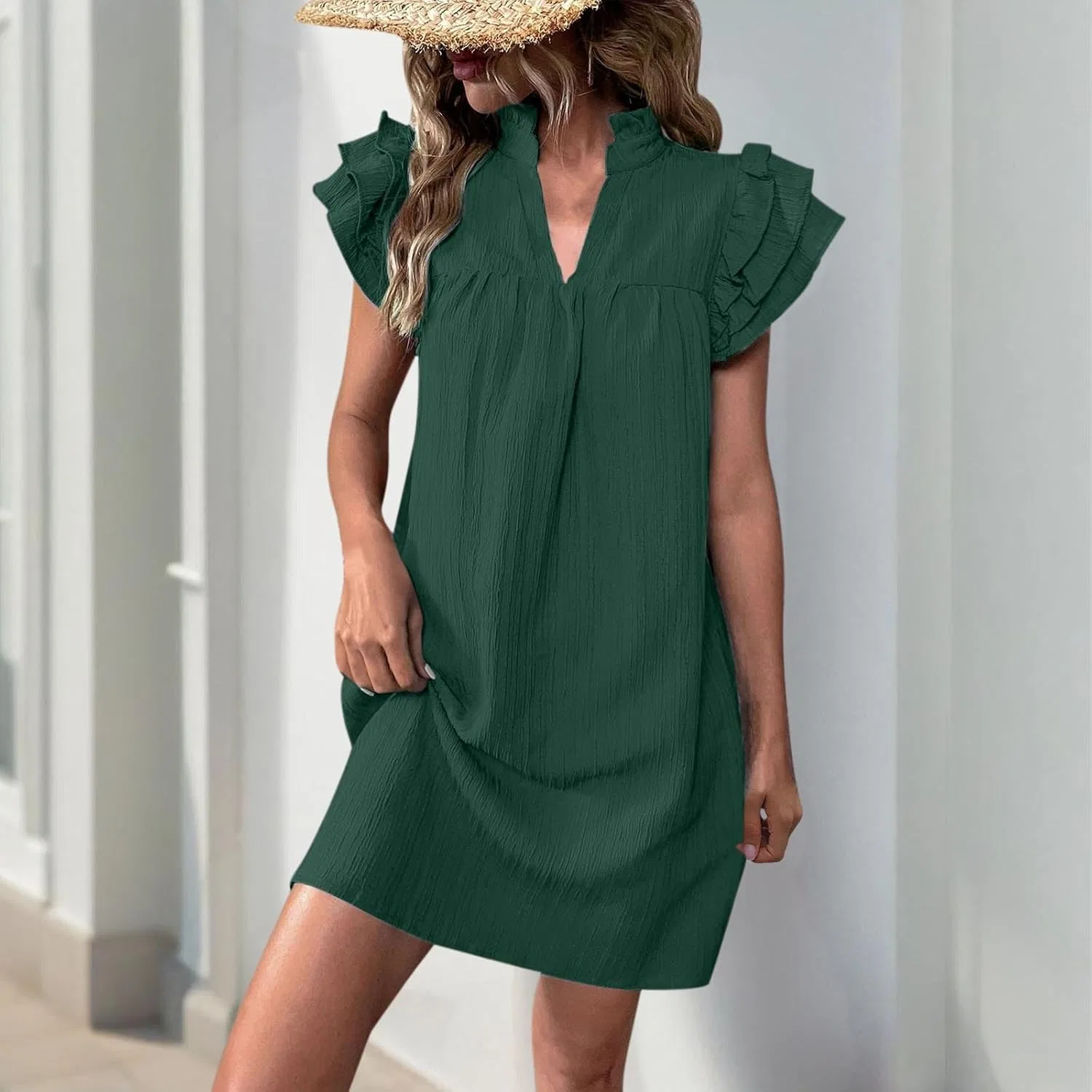 Женское летнее мини-платье с рюшами и V-образным вырезом, A-line, Army Green — фото 4