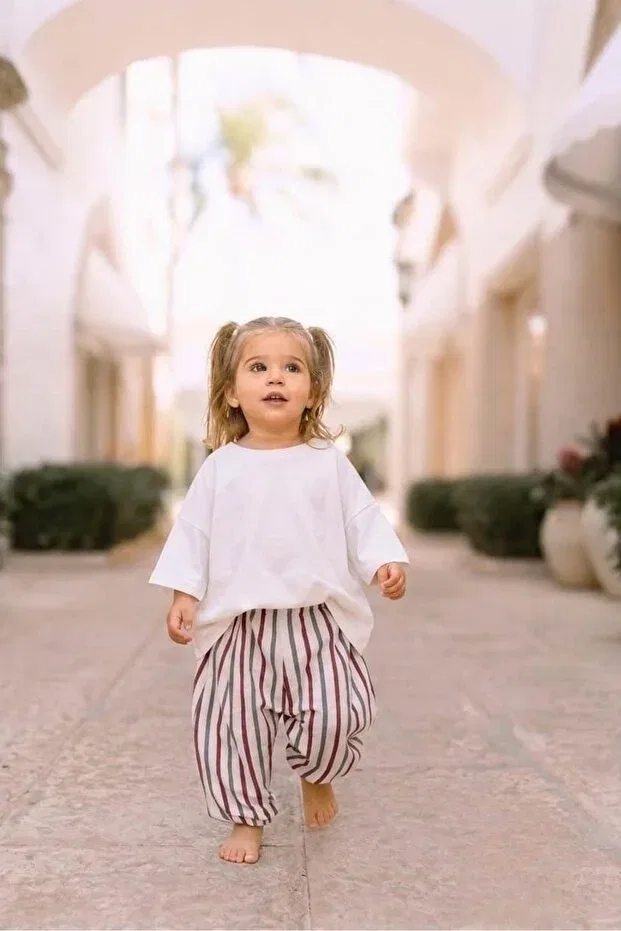 Детские брюки-багги для девочек хлопковые Elibaby, Burgundy Stripes — фото 4