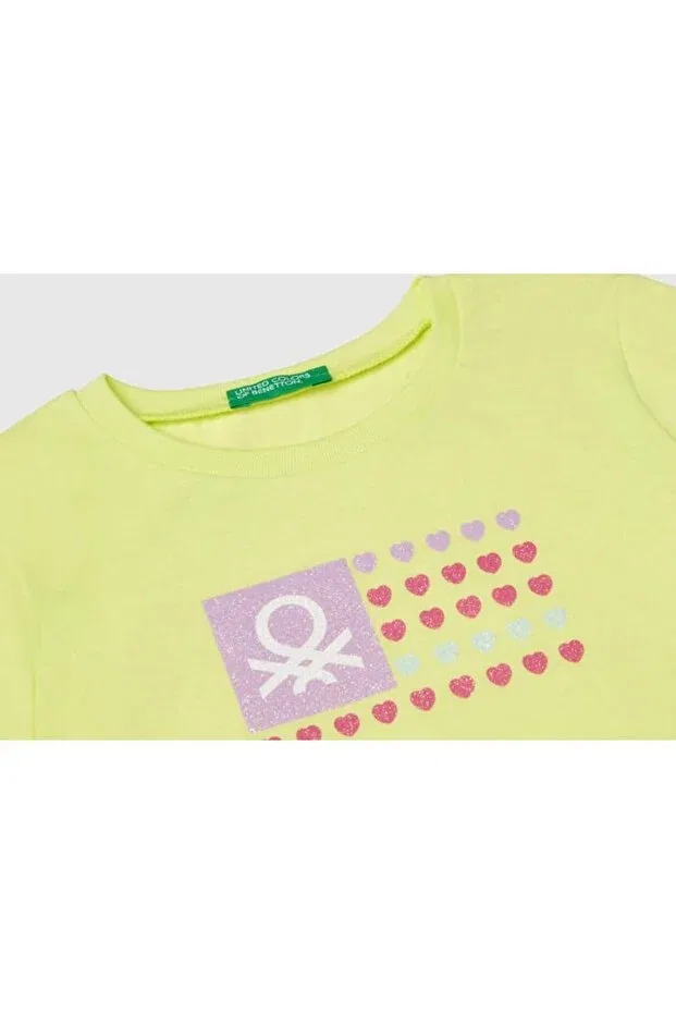 Детская футболка для девочек с принтом Glitter Print T-Shirt United Colors Of Benetton, Yellow — фото 3