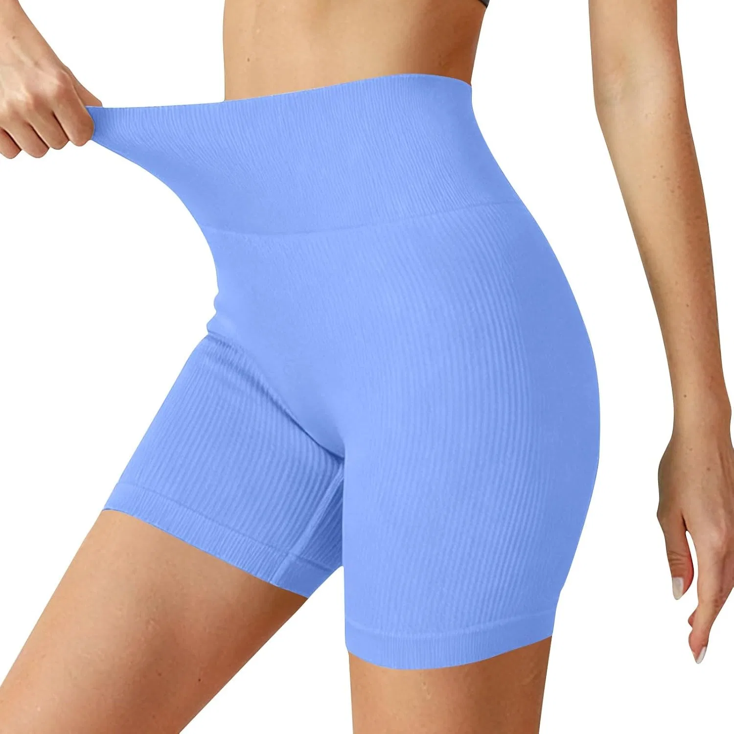 Велосипедки женские с высокой талией, Ribbed, Light Blue