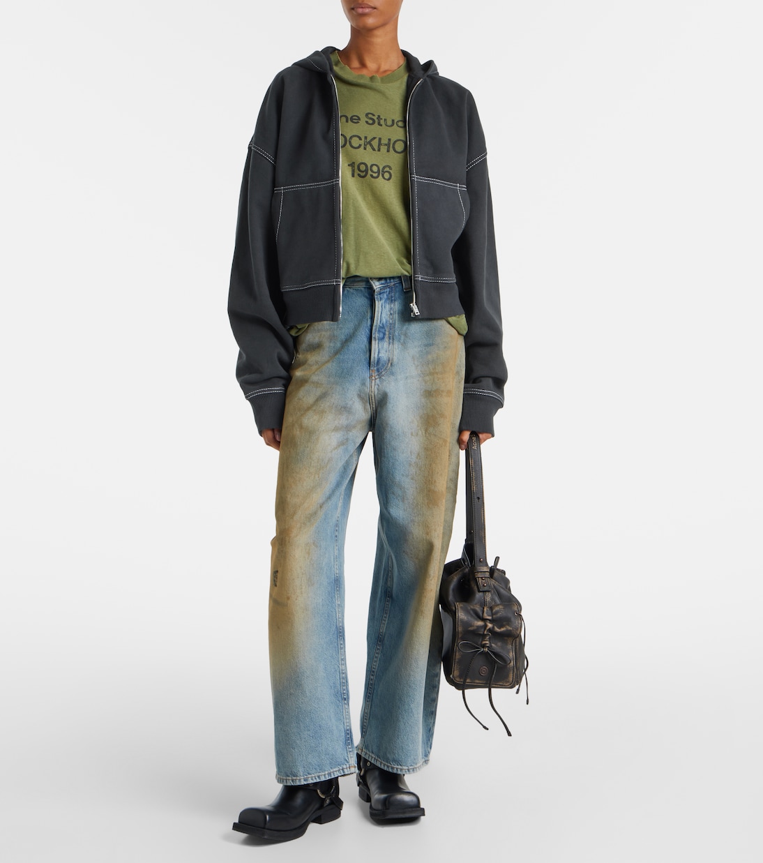 Толстовка с логотипом из хлопкового флиса на молнии Acne Studios, Faded Black — фото 2