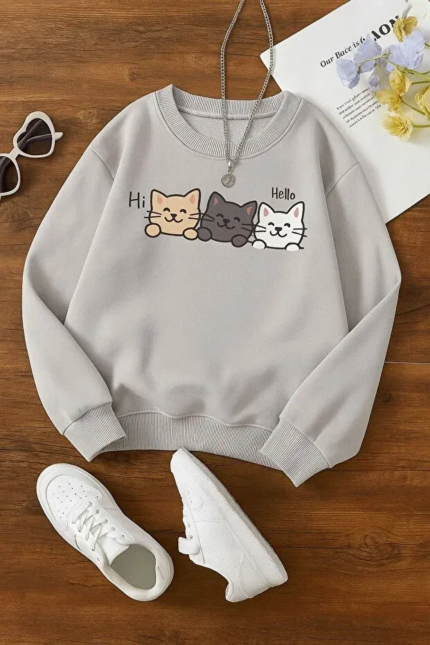Детские свитшот для девочек с принтом Hi Hello Cat Benroma, Gray