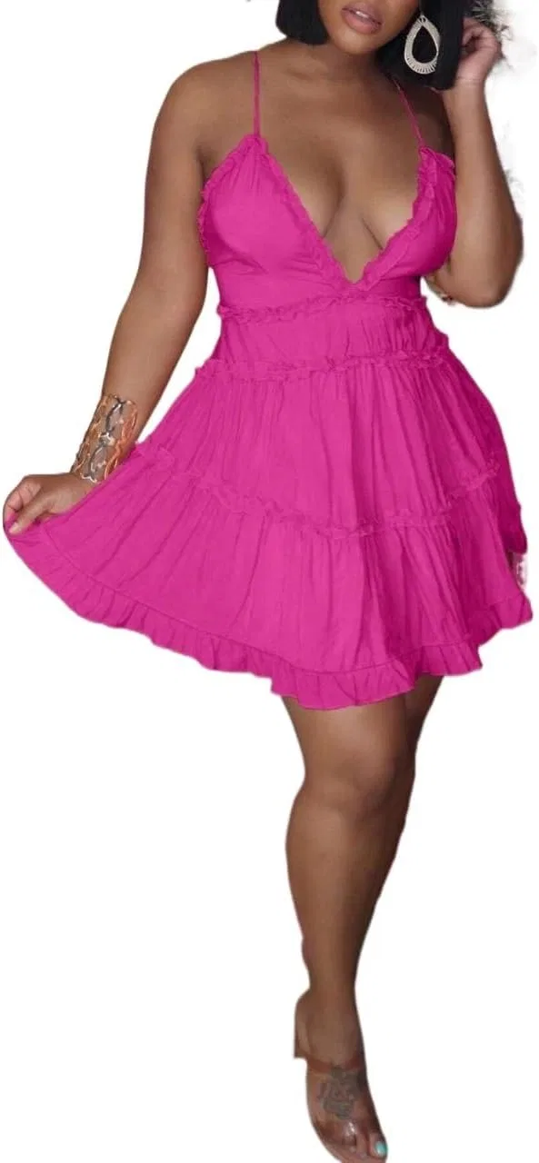 Женское коктейльное платье на бретелях с воланами, Hot Pink
