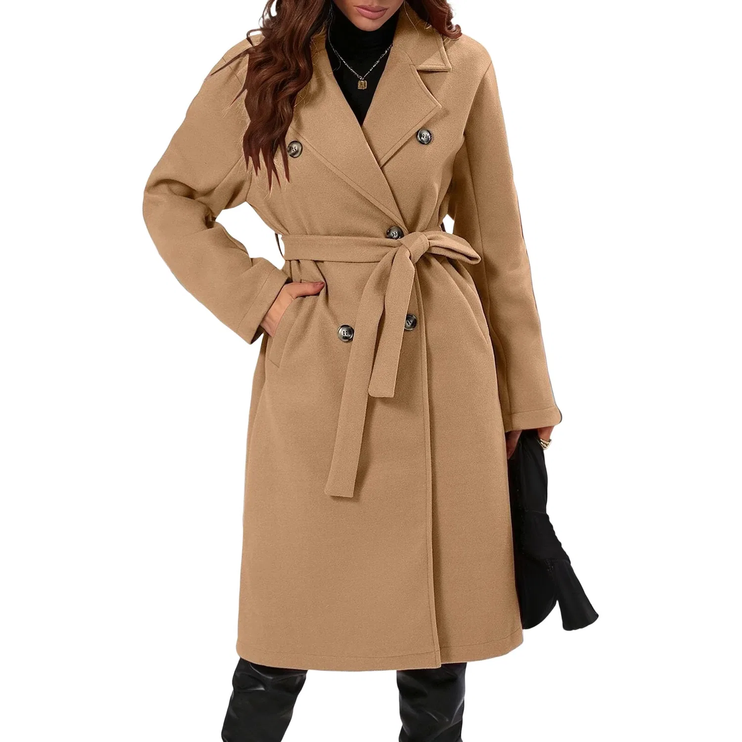 Женское зимнее пальто двубортное с поясом и карманами, dark khaki