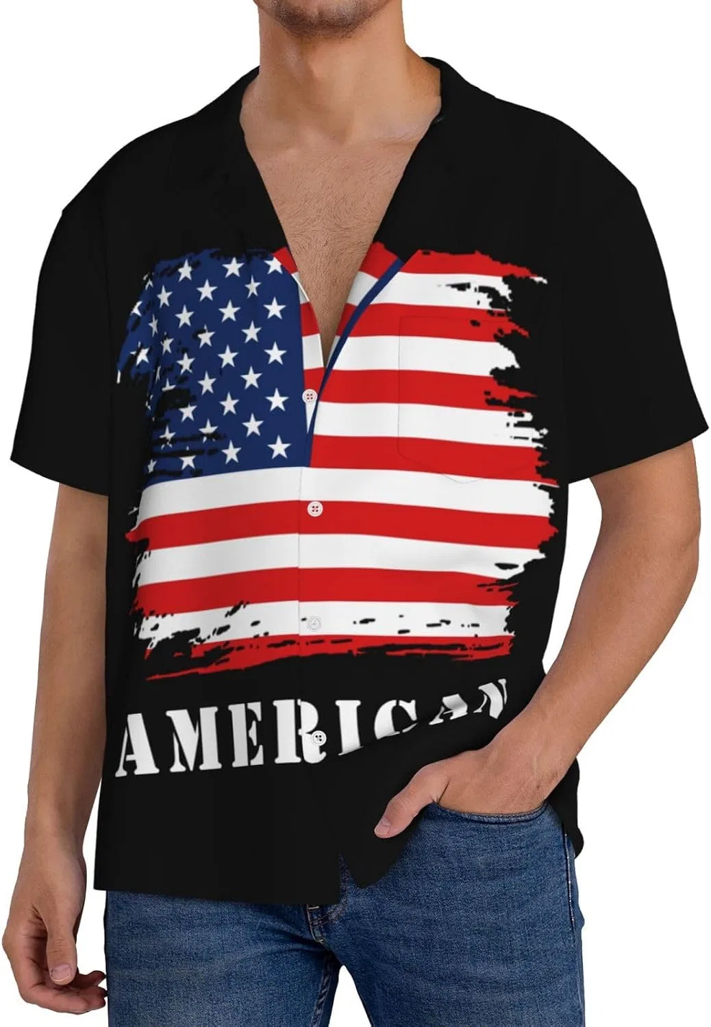 Мужская повседневная рубашка с коротким рукавом Cuba Collar с флагом Америки, Black