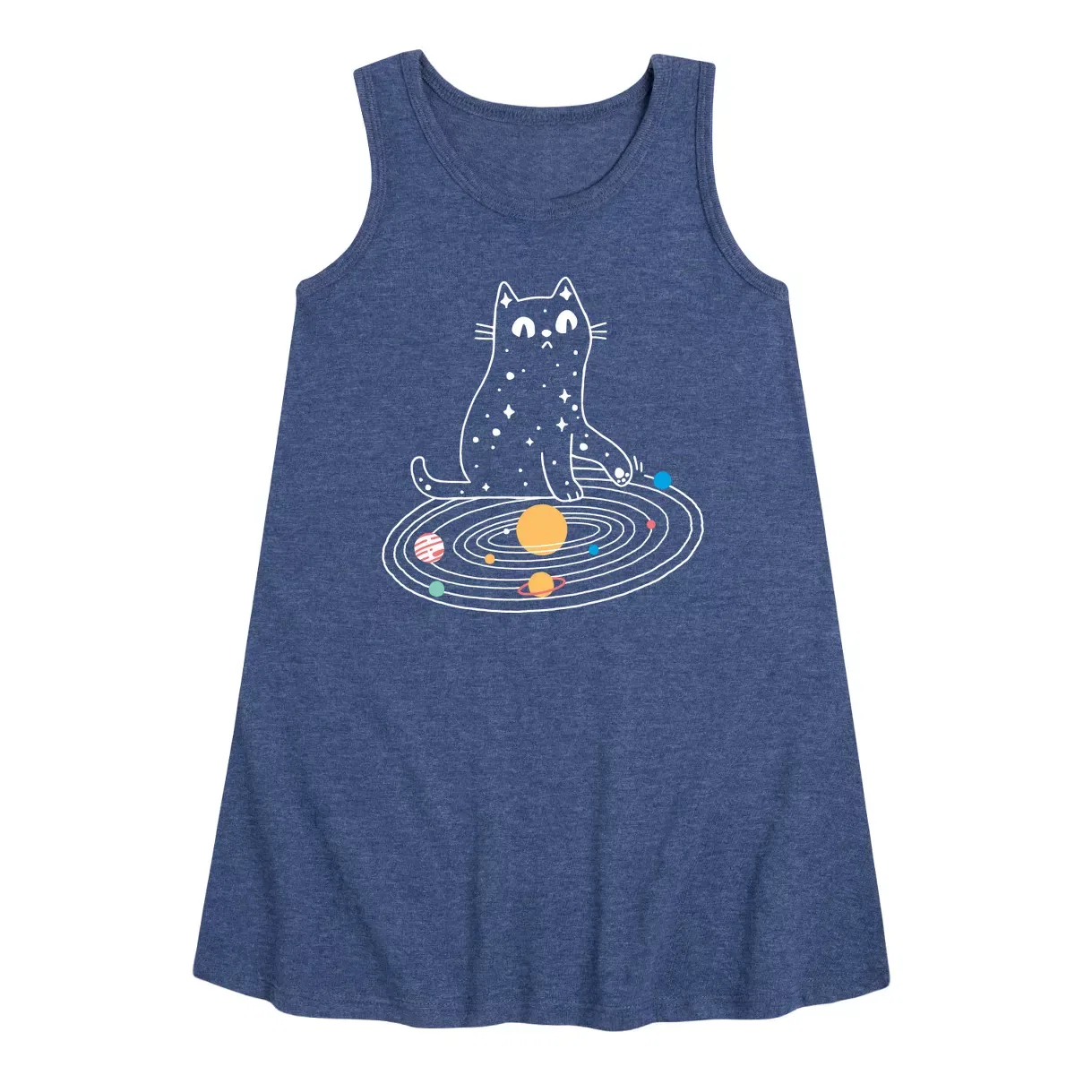 Детское платье без рукавов с принтом Cat Solar System Instant Message, Heather Navy