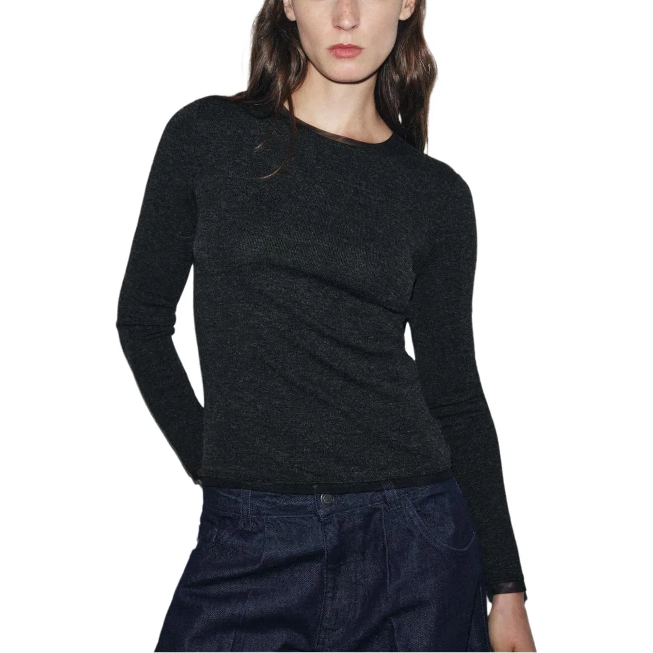 Женская футболка с круглым вырезом Dark Gray ZARA — фото 4