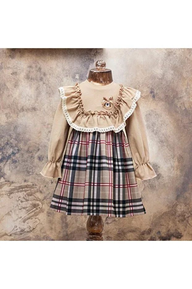 Детское платье для девочек с вышивкой Teddy bear embroidered ruffled girl's dress Gocoland, Beige