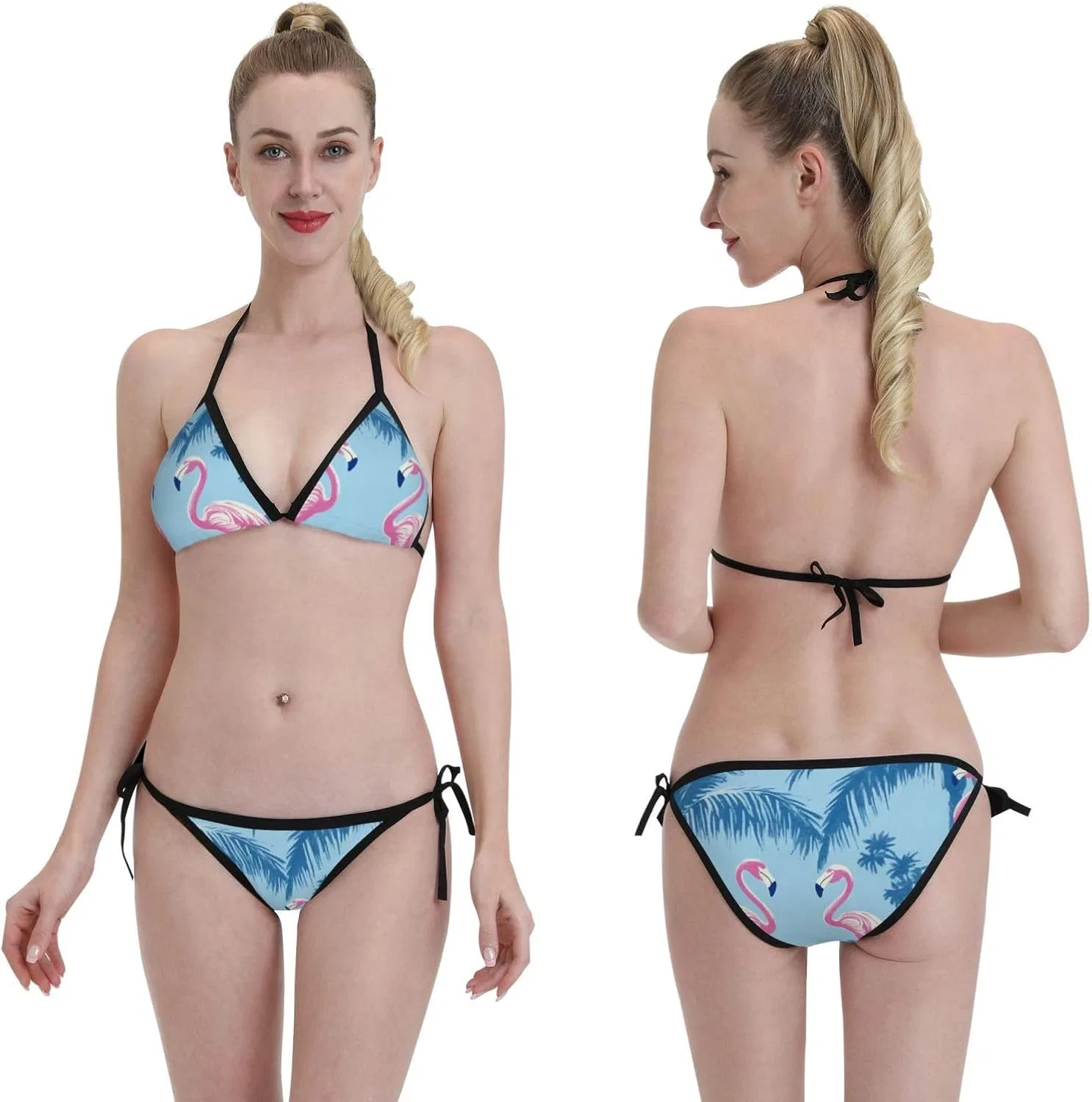 Женский бикини-комплект с принтом фламинго Halter Triangle Tie Side, Light Pink Flamingo — фото 4