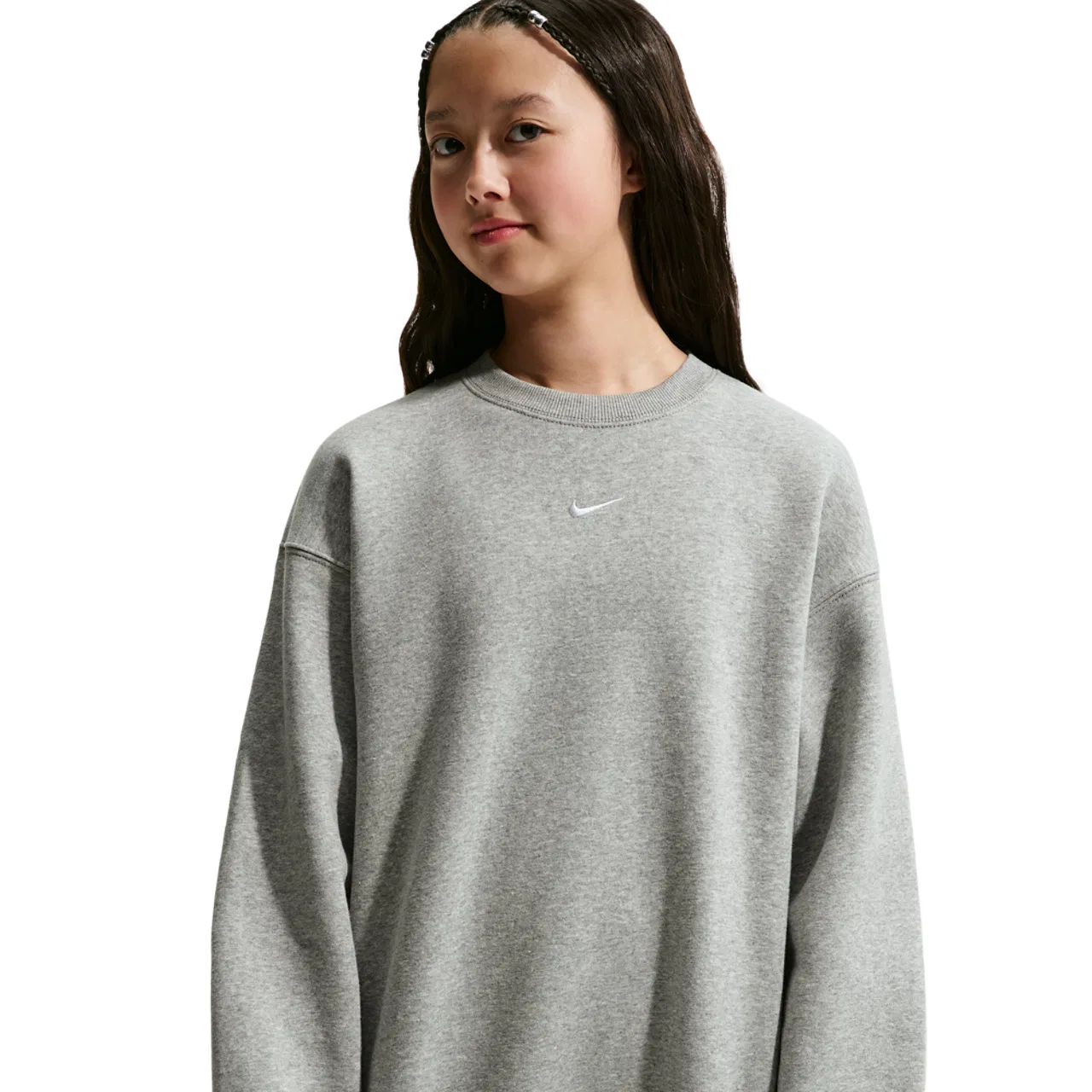 Детский свитшот для девочек оверсайз с вышитым логотипом Nike NSW Studio Fleece OS Crew, White/Dark Grey Heather