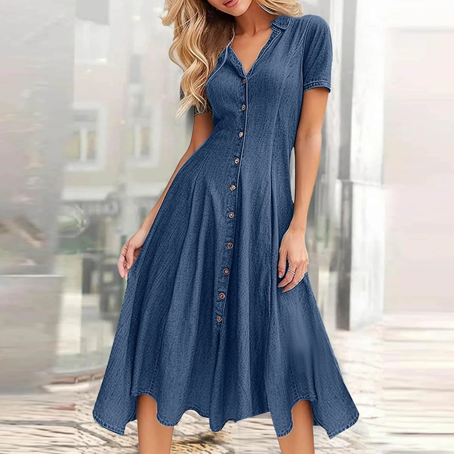 Женское джинсовое платье-рубашка с коротким рукавом, Blue — фото 2
