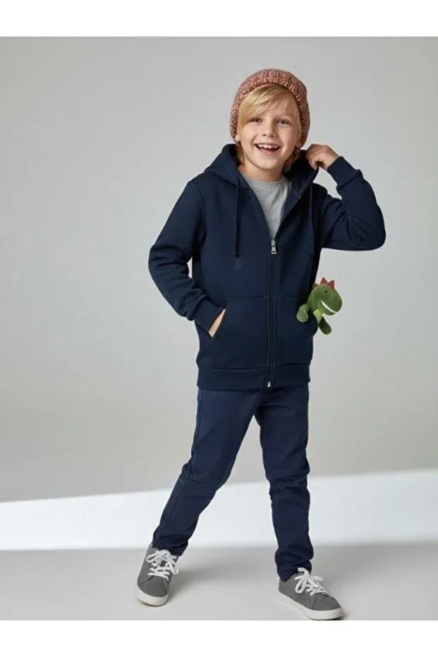 Детское пальто-кардиган на молнии с капюшоном хлопковое Zekids, Navy Blue
