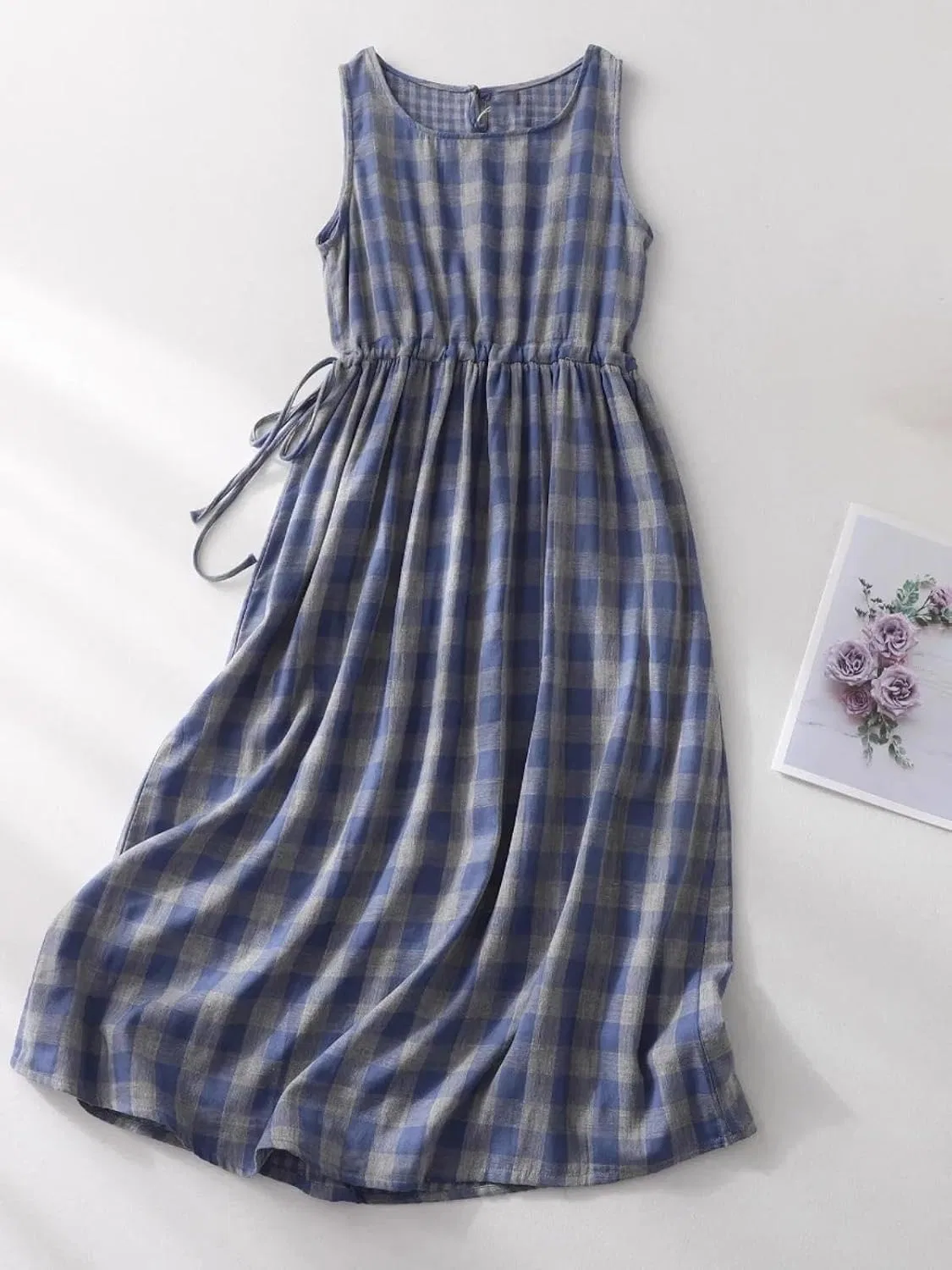 Женское платье-трапеция с цветочным принтом, Sleeveless, Blue Big Plaid — фото 2