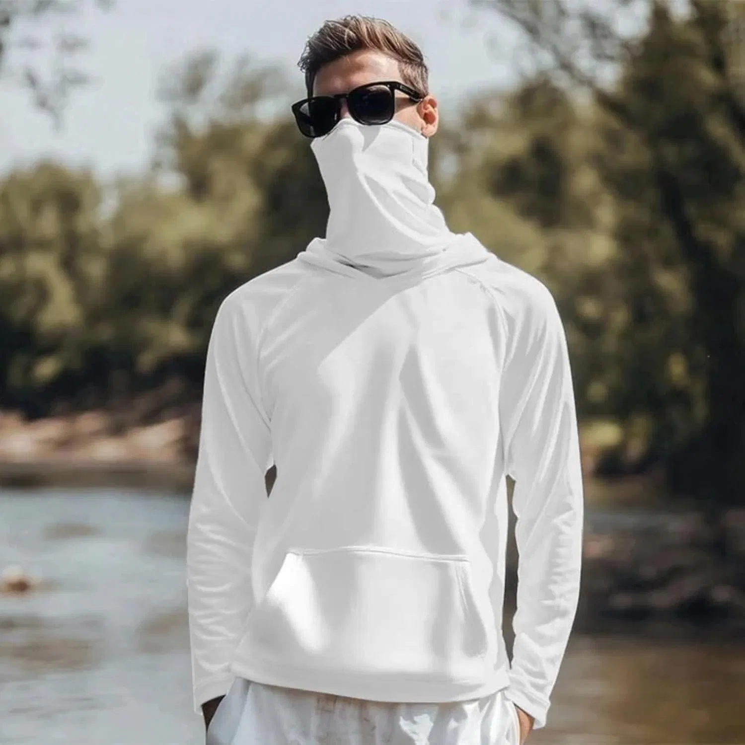 Мужская длинная футболка с защитой UPF 50+ с капюшоном и маской, White — фото 2
