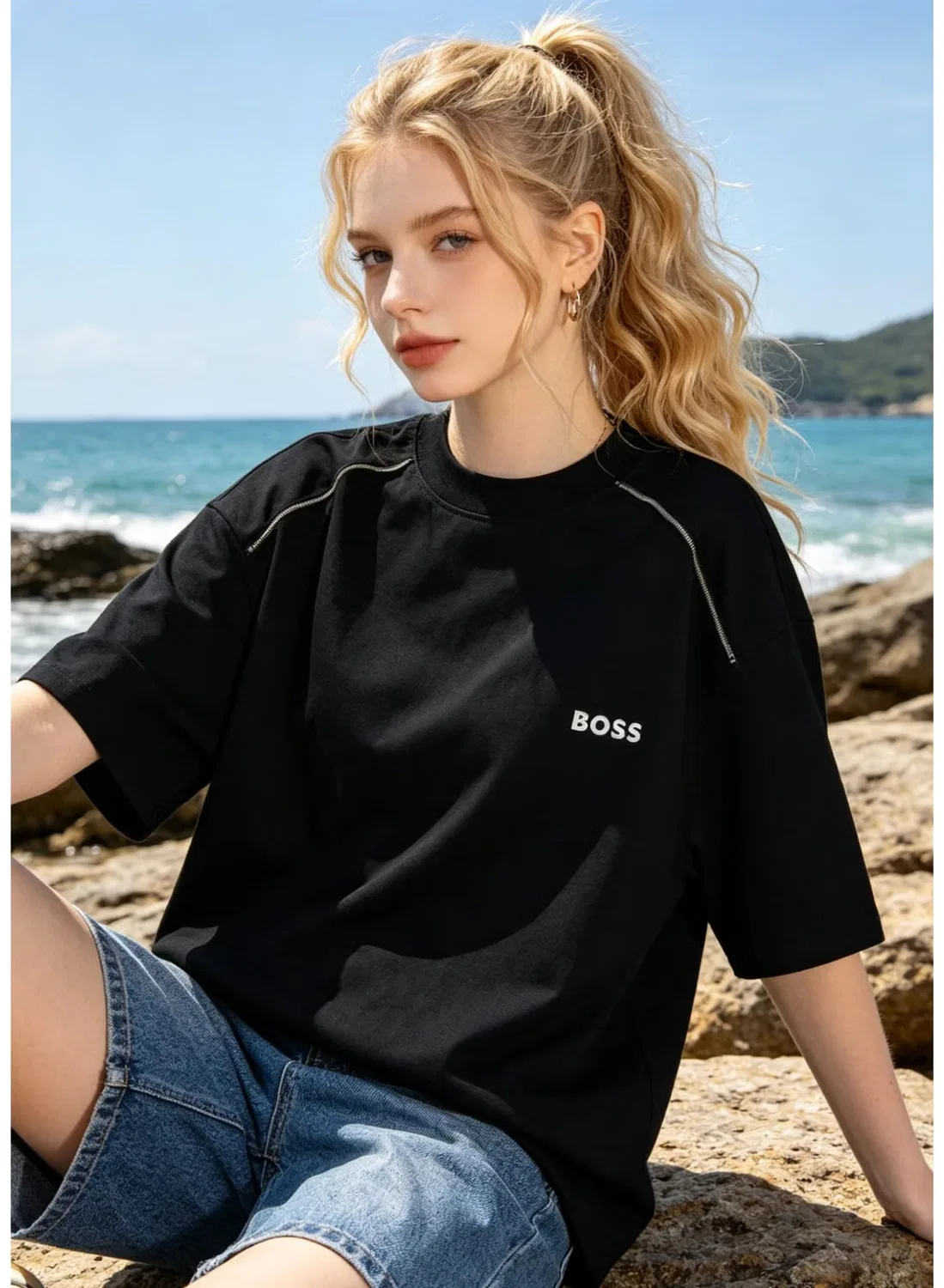Футболка с контрастной строчкой на плечах свободного кроя Boss, черный — фото 2