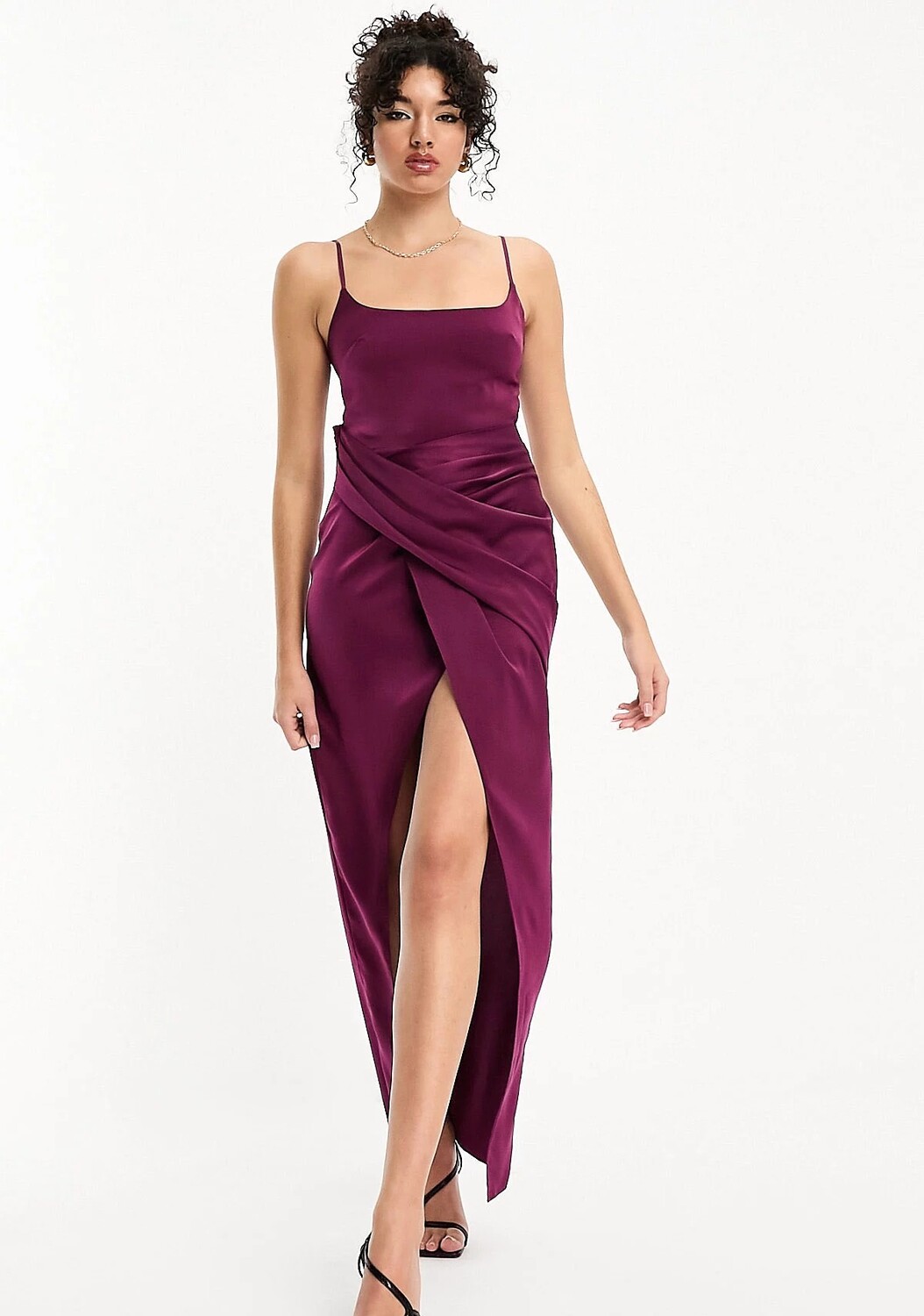 

Платье Asos Design Tall Satin Cami Midi With Drape Skirt, фиолетовый