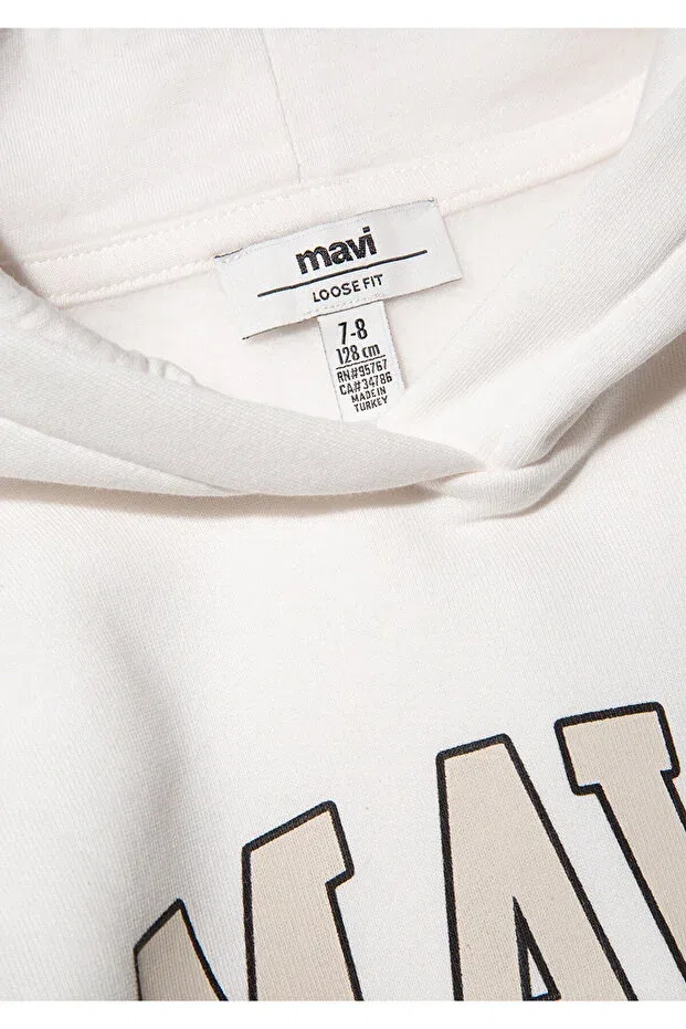 Детское худи для девочек с принтом Logo Printed Hooded White Sweatshirt Mavi, White-81964 — фото 4