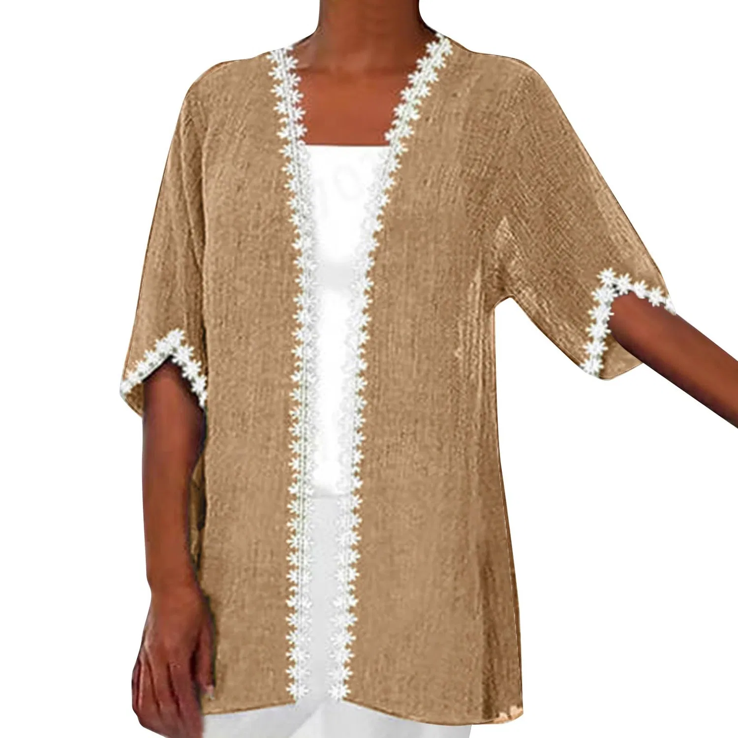 Женский легкий кардиган с рукавом 3/4 из льна, Dark Khaki