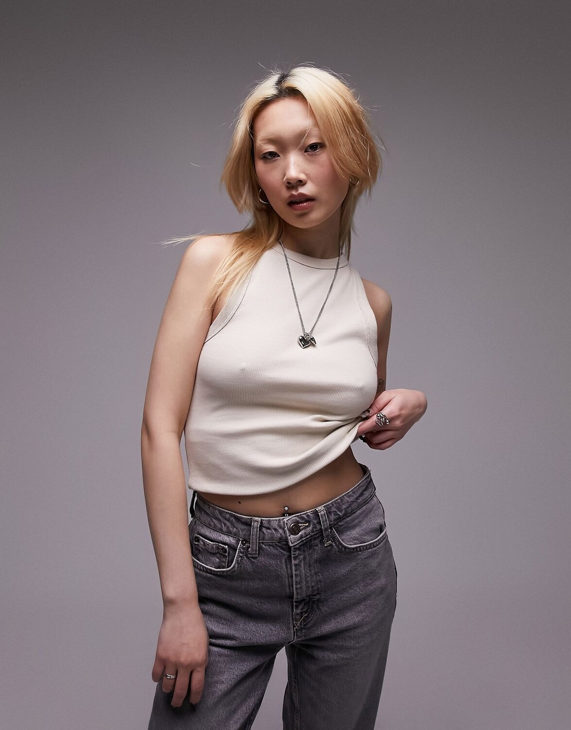 

Топ Topshop Petite Ribbed With Fitted Cut, бежево-серый