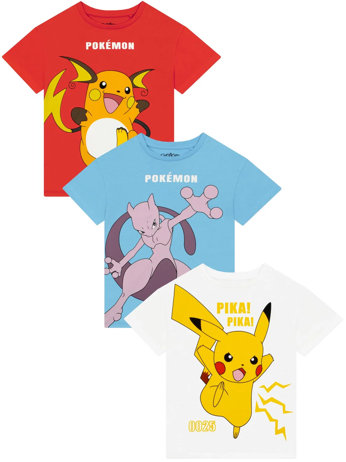 Футболки детские, набор 3 шт., Pokemon Pikachu, Raichu и Mewtwo Character, синий