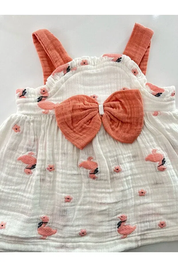 Детское платье для девочек хлопковое Flamingo patterned muslin baby girl dress with straps and bow Mbk Garden, Pomegranate Blossom