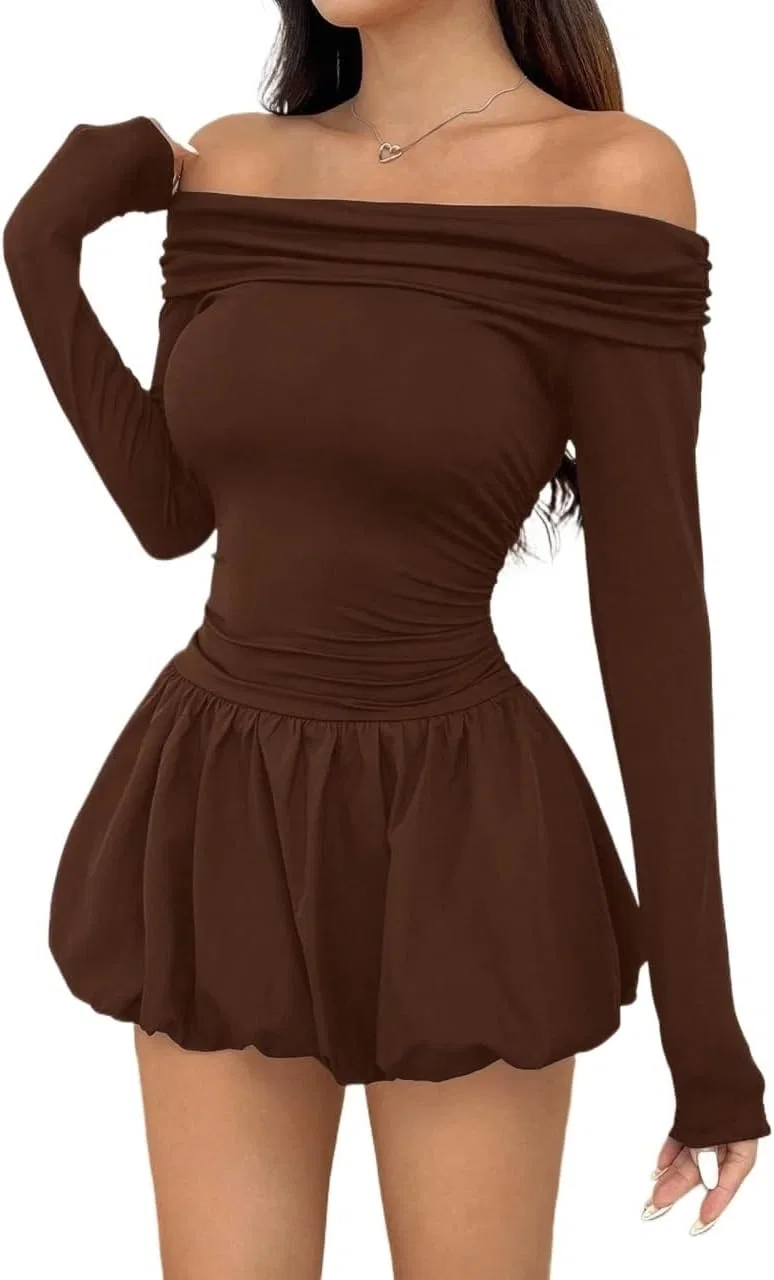Женское элегантное платье A-силуэта с рюшами, Coffee Brown