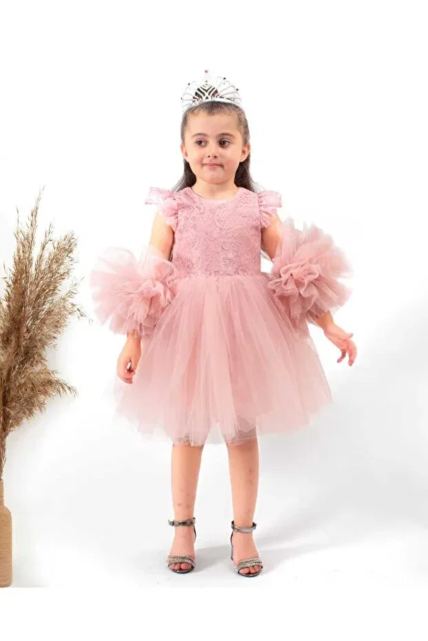 Детское платье для девочек с коротким рукавом pompom sleeve Şenkız, Powder