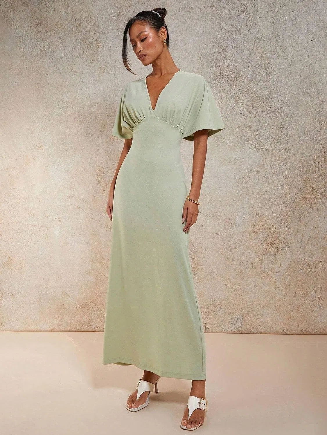 Женское элегантное платье с V-образным вырезом и летучей мышью, Mint Green — фото 3