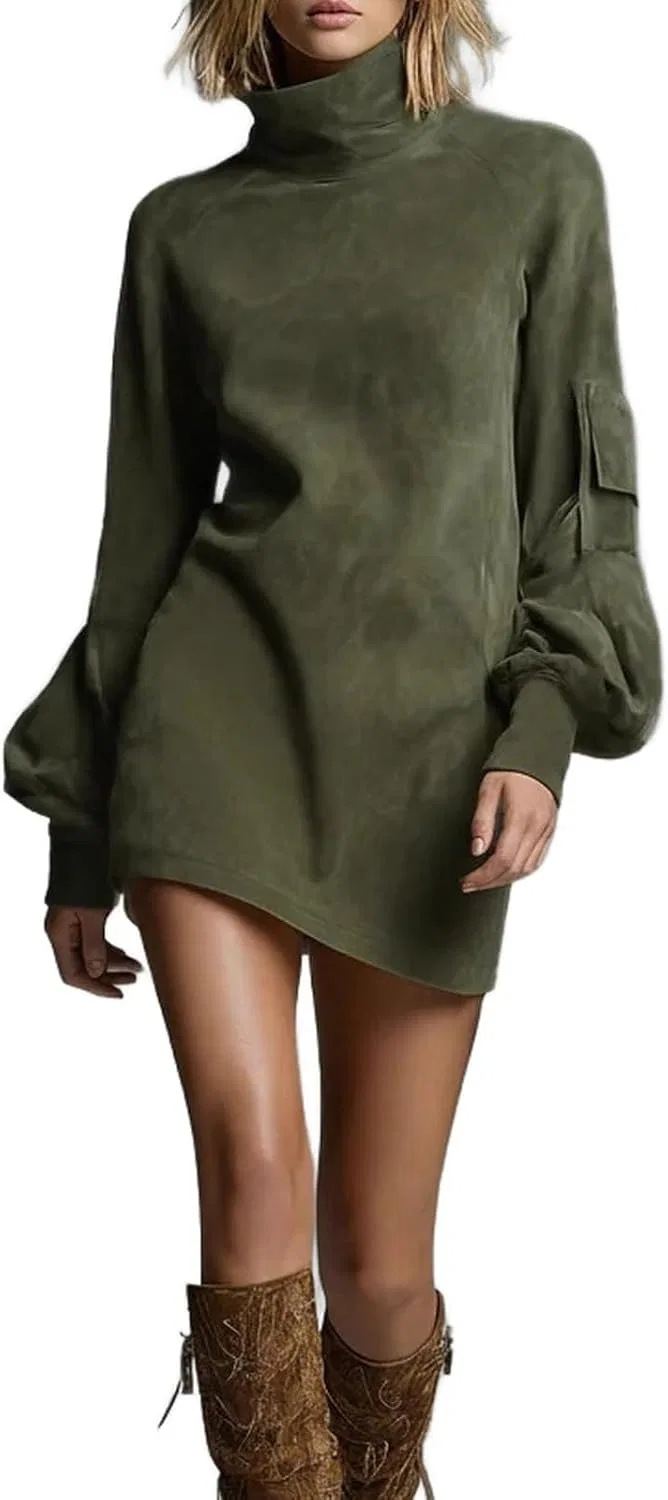 Женское мини-платье с воротником-стойкой из искусственной замши Casual, 17
