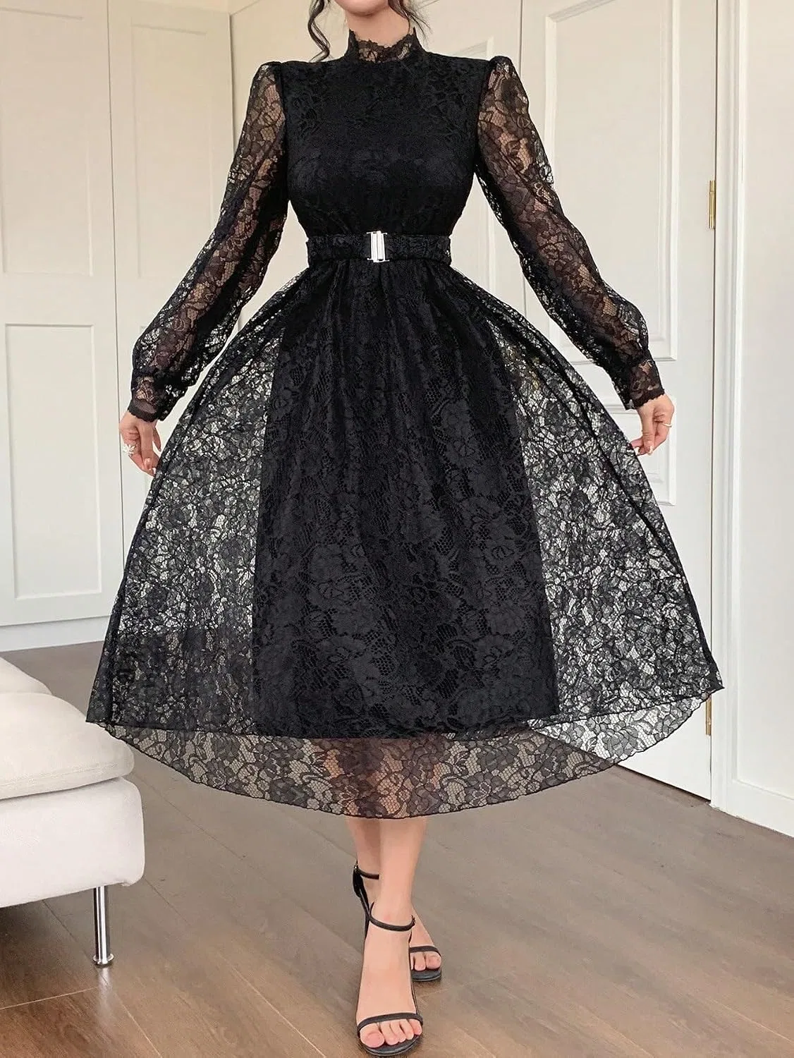 Женское повседневное платье миди с кружевным воротником-стойкой Puff Sleeve, Black — фото 4