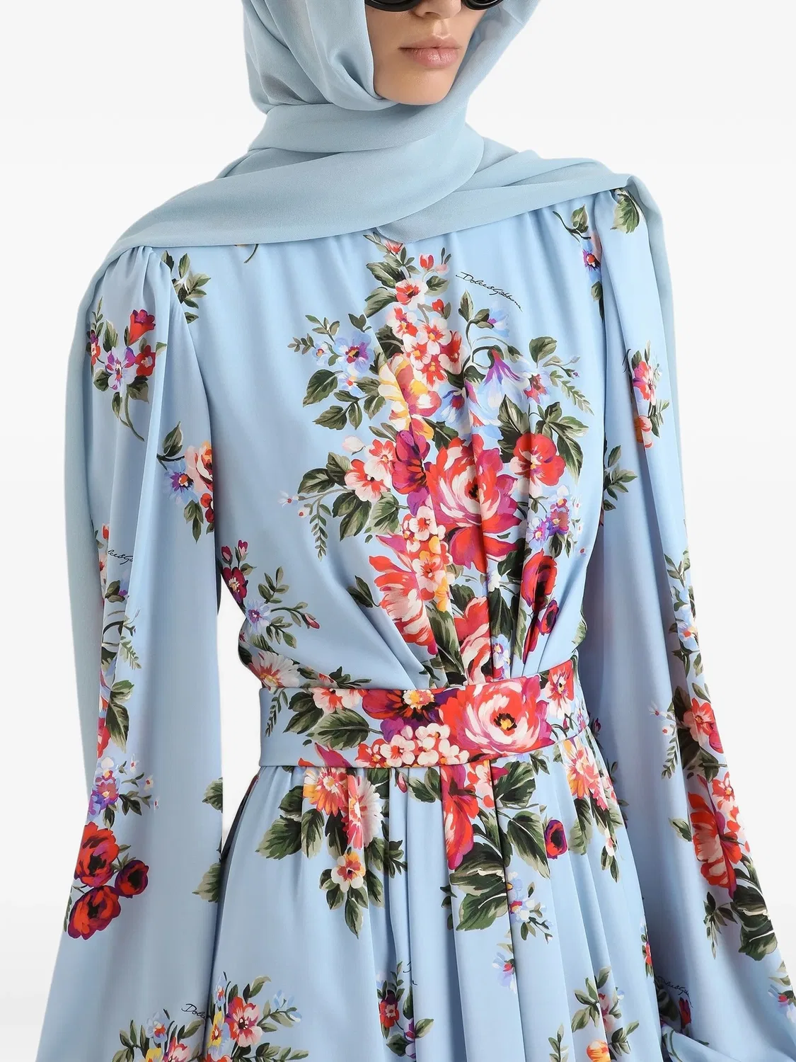 Макси-платье с цветочным принтом и поясом Dolce & Gabbana, синий — фото 2