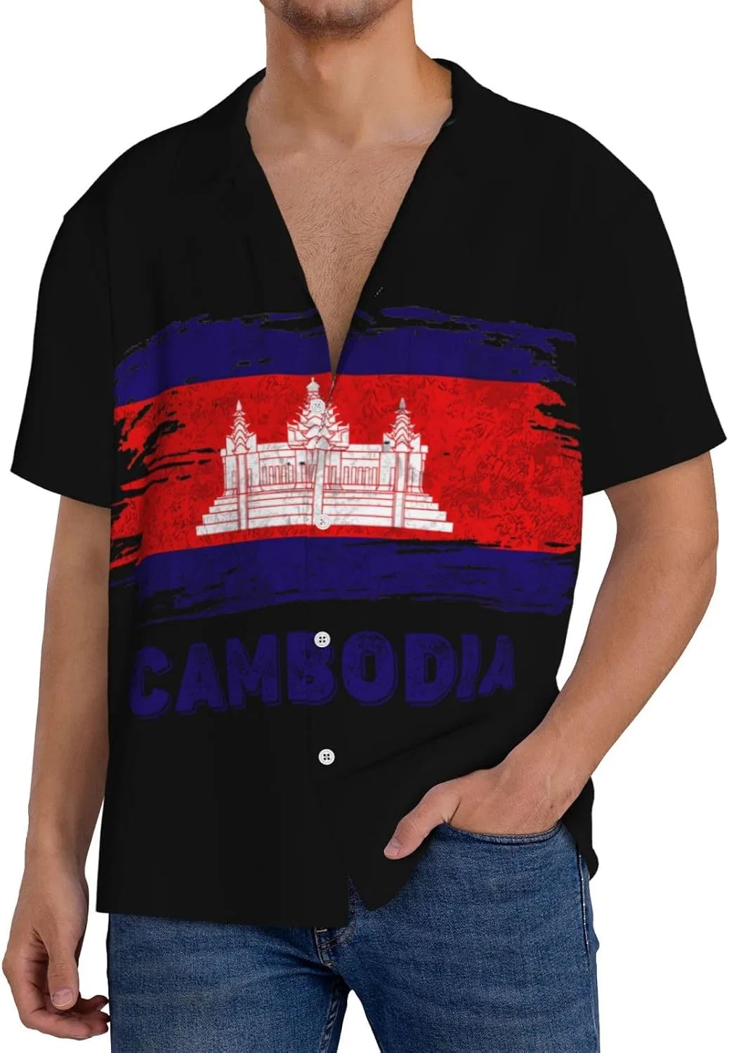 Мужская повседневная рубашка с флагом Камбоджи Cuba Collar, Black