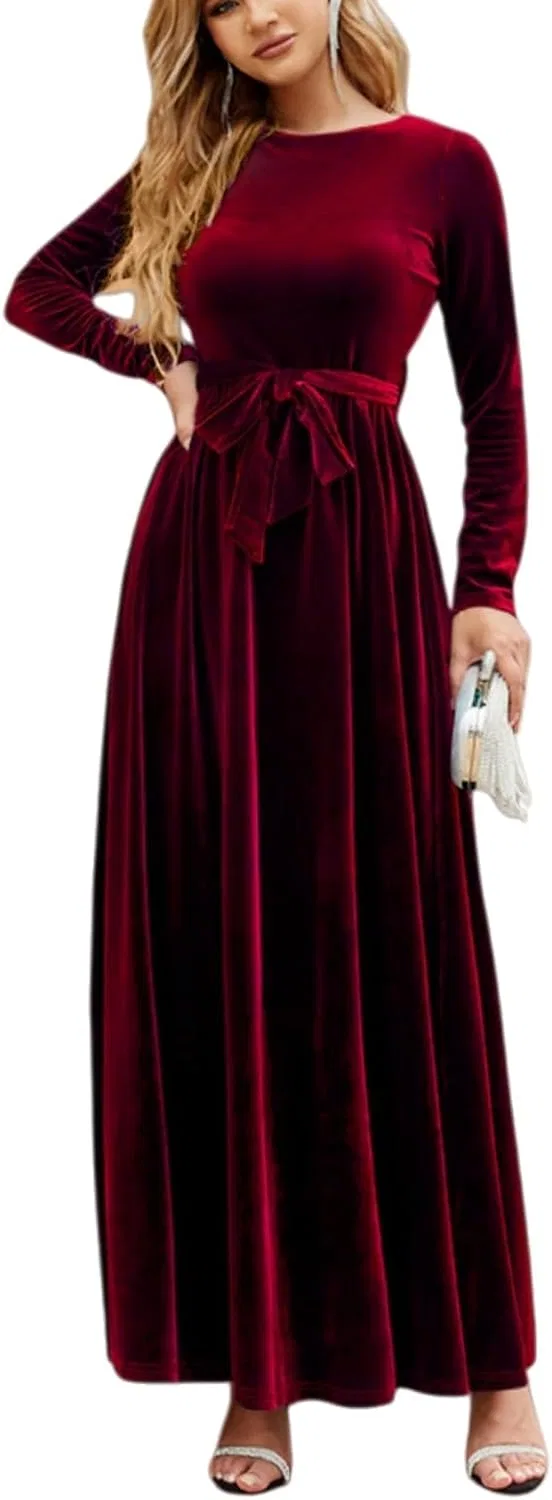 Женское бархатное макси-платье с поясом A-line, Dark Red