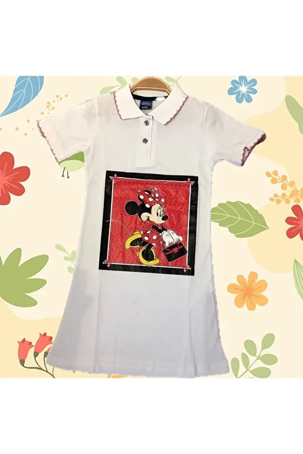 Детское платье для девочек с принтом Minnie Mouse Printed Polo Collar Lacost Fabric Girl's Dress Sparrow Laurel, White — фото 3