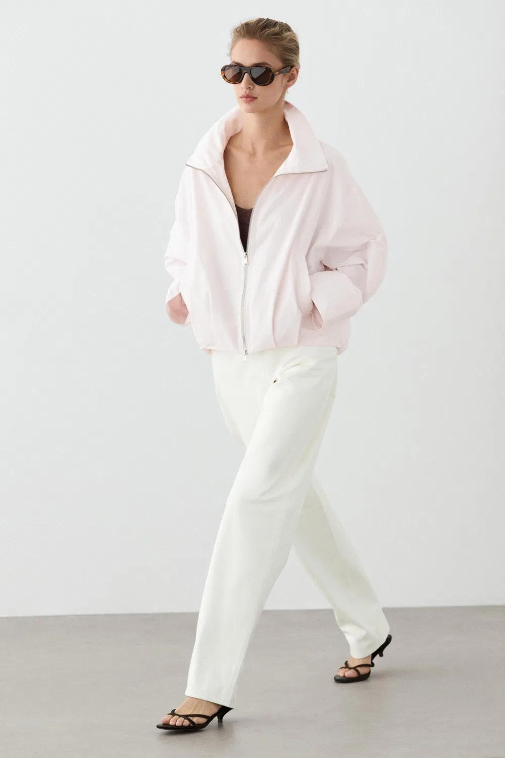 Куртка-бомбер Massimo Dutti, с высоким воротником, розовый — фото 3