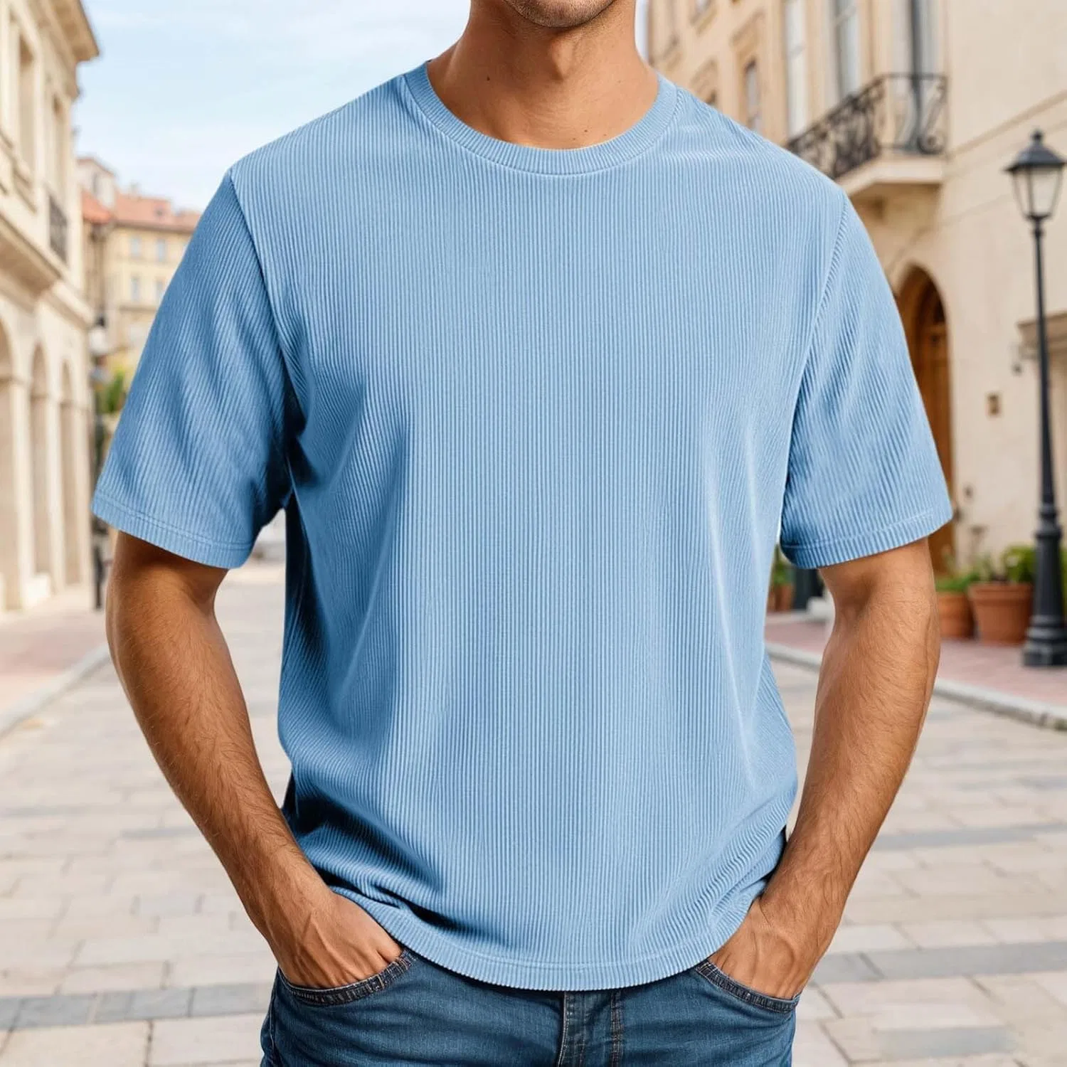 Мужская футболка с воротником-стойкой Corduroy Crewneck Tee Generic, Sky Blue — фото 2