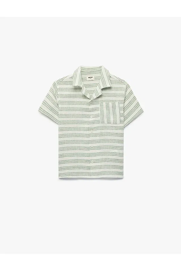 Детская рубашка для мальчиков хлопковая Cotton Pocket Short Sleeve Turn-Down Collar Striped Shirt Koton, Ecru Striped — фото 4