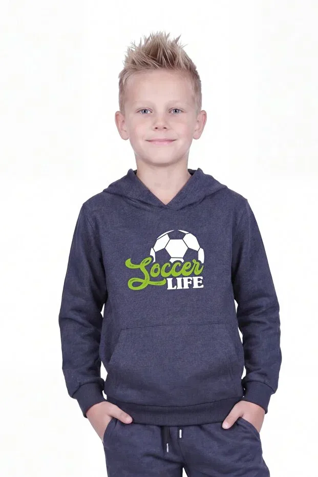 Детская толстовка для мальчиков с принтом Hooded Print Detailed Boys' Sweatshirt With Kangaroo Pocket Ya Ko Kids, Smoke Grey — фото 2