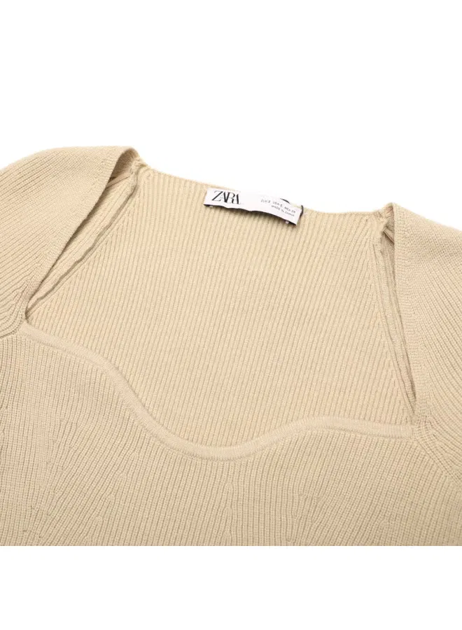 Свитер вязаный с принтом Zara, светлый хаки — фото 4